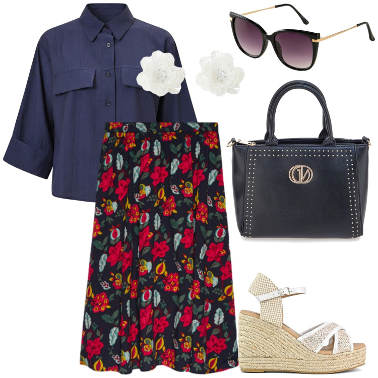 Outfit donna - Agosto. per Tutti i giorni. Abbinamento con occhiali da sole, orecchini, camicie, gonne longuette, borse a mano, zeppe.