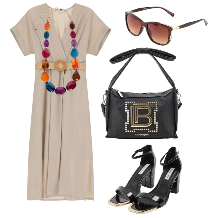Outfit donna - Domeniche d\'agosto. per Tutti i giorni. Abbinamento con occhiali da sole, sabot, vestiti midi/longuette, collane, borse a mano.