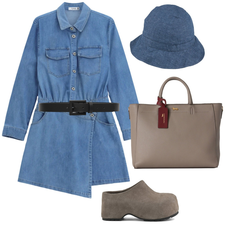 Outfit donna - Agosto in baita. per Tutti i giorni. Abbinamento con cappelli, vestiti asimmetrici, borse a mano, cinture, zoccoli.