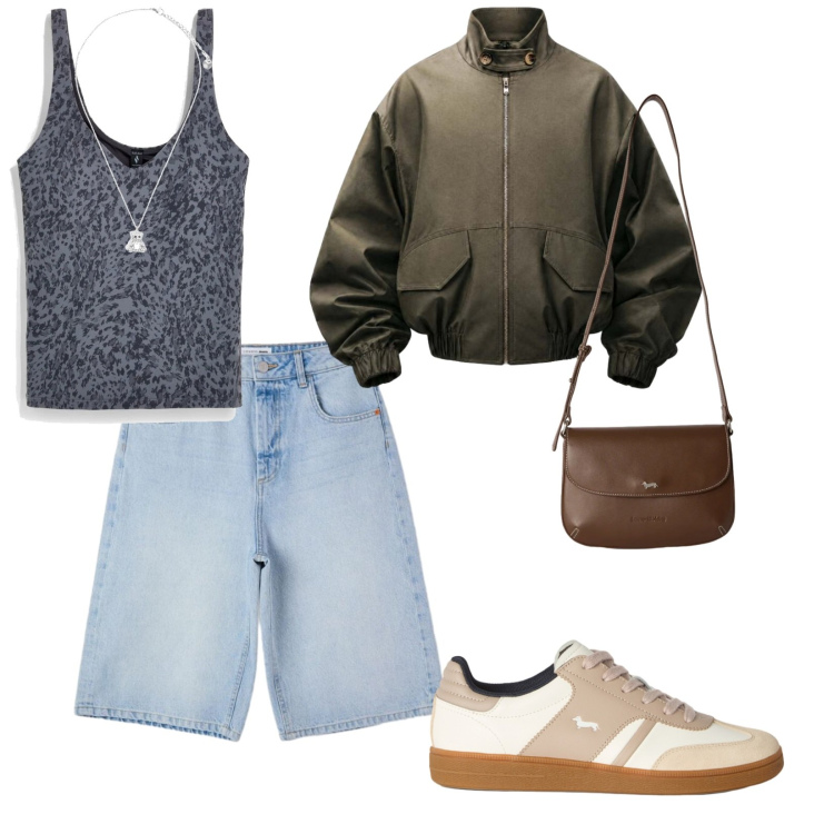 Outfit donna - Le stelle cadenti. per Serata fuori. Abbinamento con bermuda, bomber, sneakers, borse a tracolla, ciondoli, canottiere.