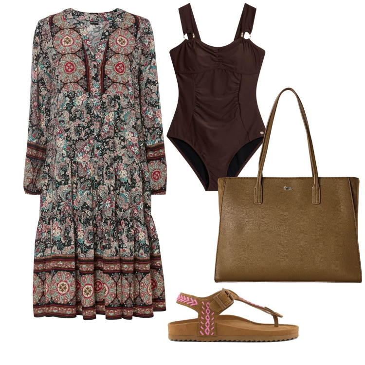 Outfit donna - Ferragosto. per Mare. Abbinamento con vestiti, costumi interi, shopping bag, infradito.