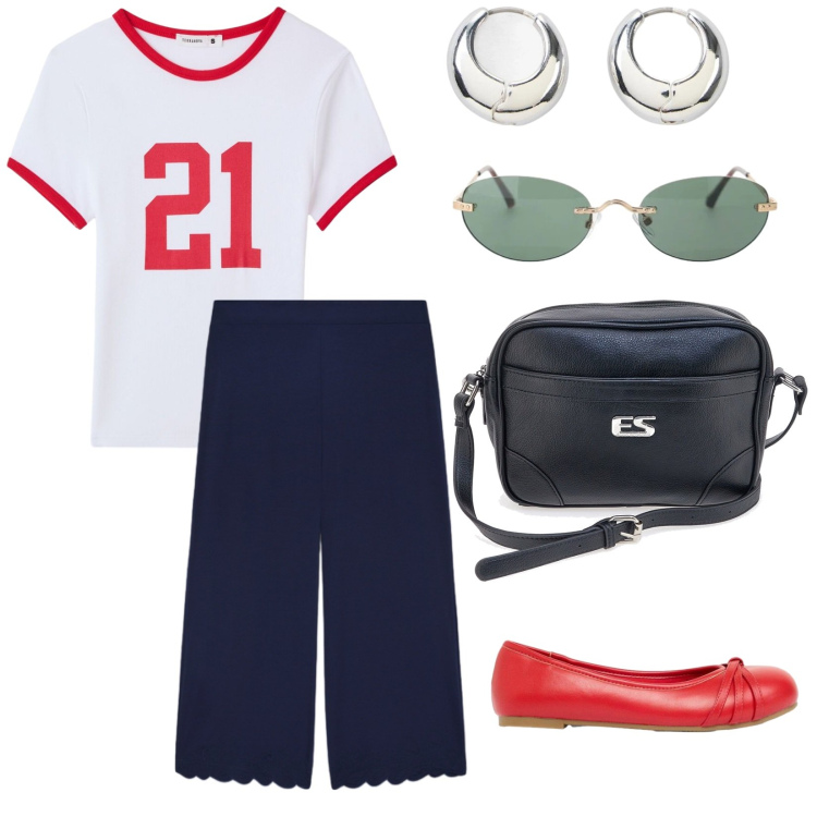 Outfit donna - Si va in bici. per Tutti i giorni. Abbinamento con orecchini, ballerine, occhiali da sole, t-shirt, pantaloni skinny, borse a tracolla.