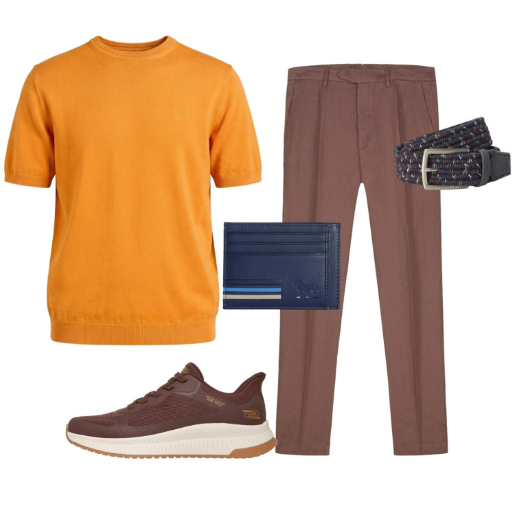 Outfit uomo - Terra e mare. Stile Casual per Tutti i giorni. Abbinamento con t-shirt, portafogli, cinture, pantaloni, sneakers.