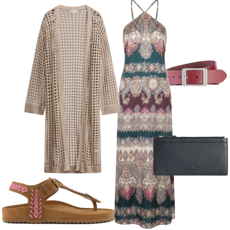 Outfit donna - Citta. Stile Casual per Tutti i giorni. Abbinamento con cardigans, cinture, portafogli, vestiti lunghi, infradito.