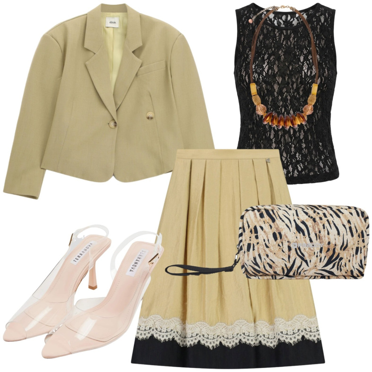 Outfit donna - Sempre perfetta. Stile Casual chic per Tutti i giorni. Abbinamento con sandali col tacco, top, valigie, gonne longuette, blazer, collane.
