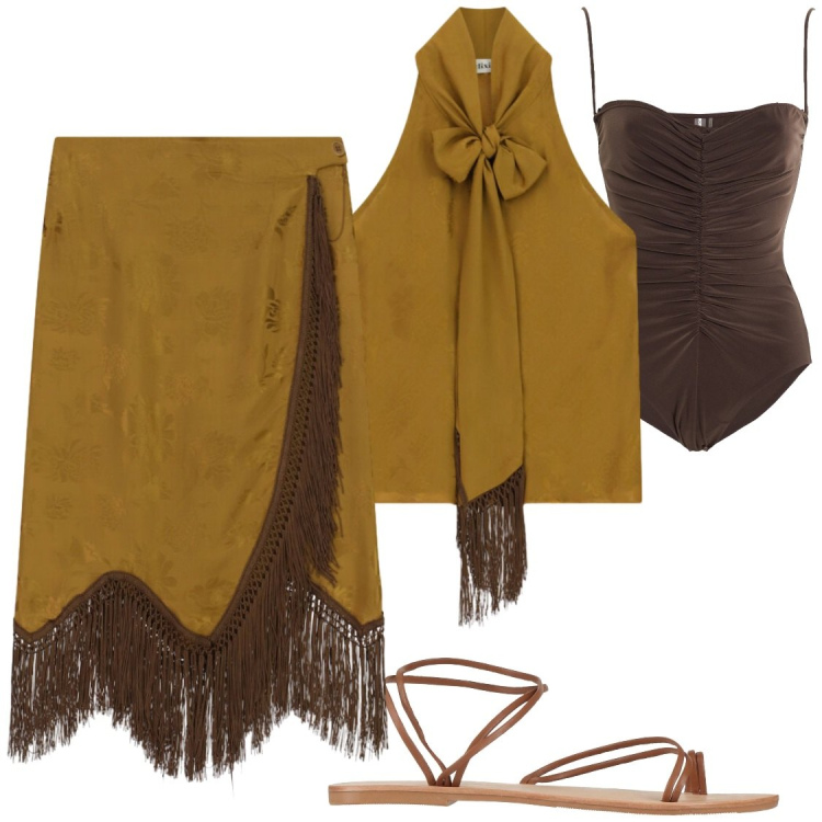 Outfit donna - Vacanze glamour. Stile Glamour per Serata fuori. Abbinamento con body, ciabatte, gonne longuette, top.