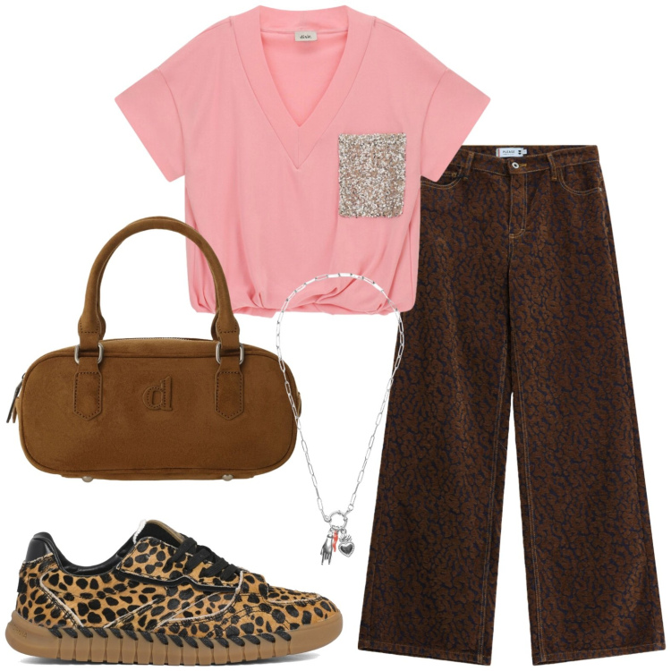 Outfit donna - Casual. Stile Casual per Tutti i giorni. Abbinamento con pantaloni a palazzo, t-shirt, borse a mano, ciondoli, sneakers.