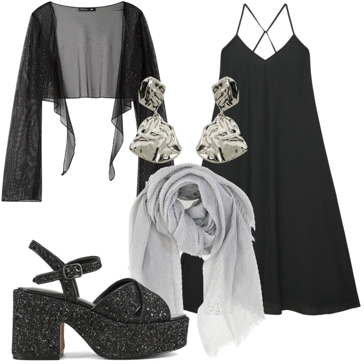 Outfit donna - Dark night. Stile Glamour per Serata fuori. Abbinamento con blazer, vestiti lunghi, orecchini, sandali col tacco, foulard.
