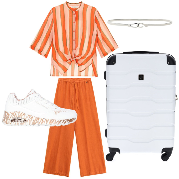 Outfit donna - Righe orange. Stile Trendy per Tutti i giorni. Abbinamento con cinture, camicie, pantaloni, sneakers alte, valigie.