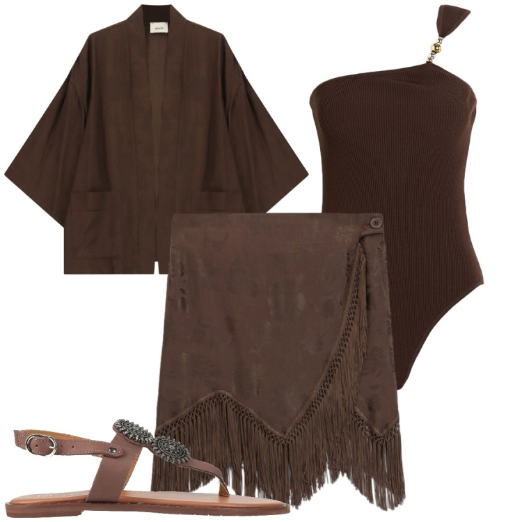 Outfit donna - Glamour. Stile Glamour per Serata fuori. Abbinamento con body, infradito, minigonne, kimono.