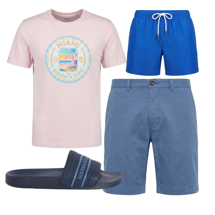 Outfit uomo - Total look #2451266. Stile Casual per Mare. Abbinamento con sandali, t-shirt, bermuda, costumi.