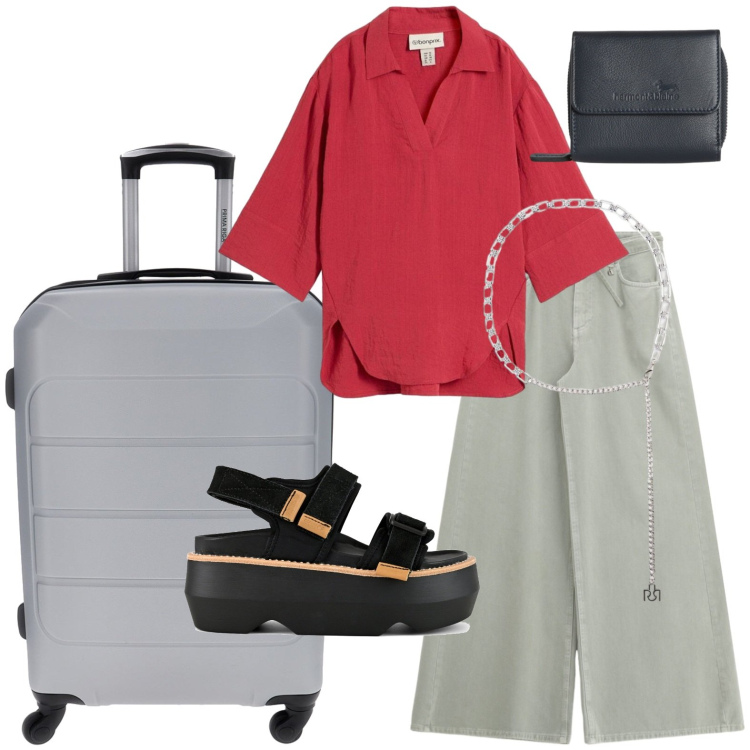 Outfit donna - Weekend fashion. Stile Glamour per Tutti i giorni. Abbinamento con bluse, portafogli, jeans, cinture, sandali col tacco, valigie.