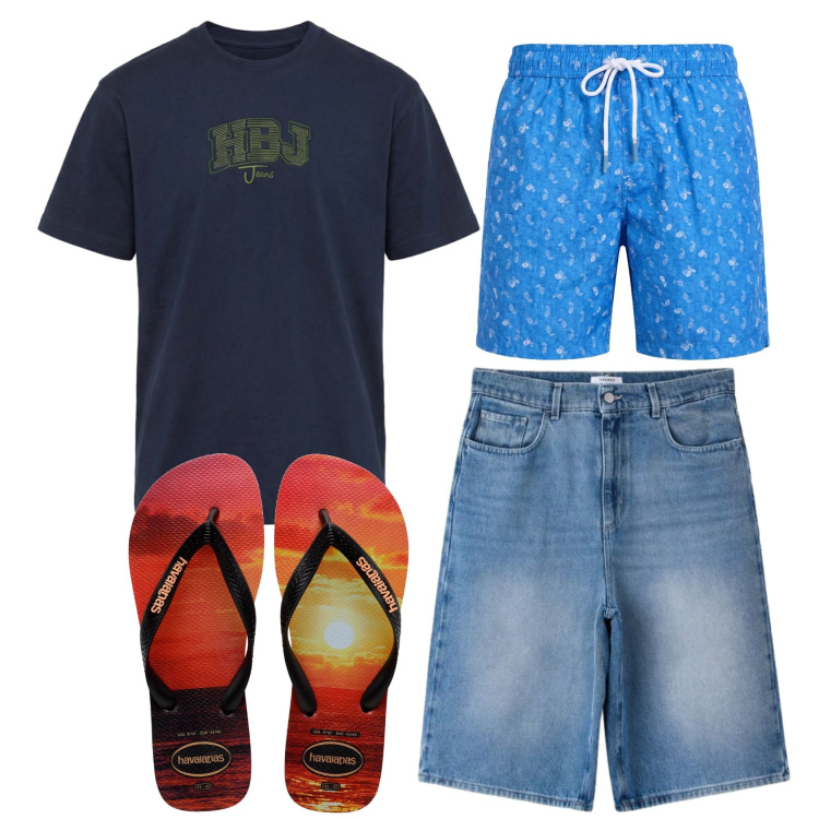 Outfit uomo - Total look #2451270. Stile Casual per Mare. Abbinamento con t-shirt, costumi, pantaloni corti, sandali.