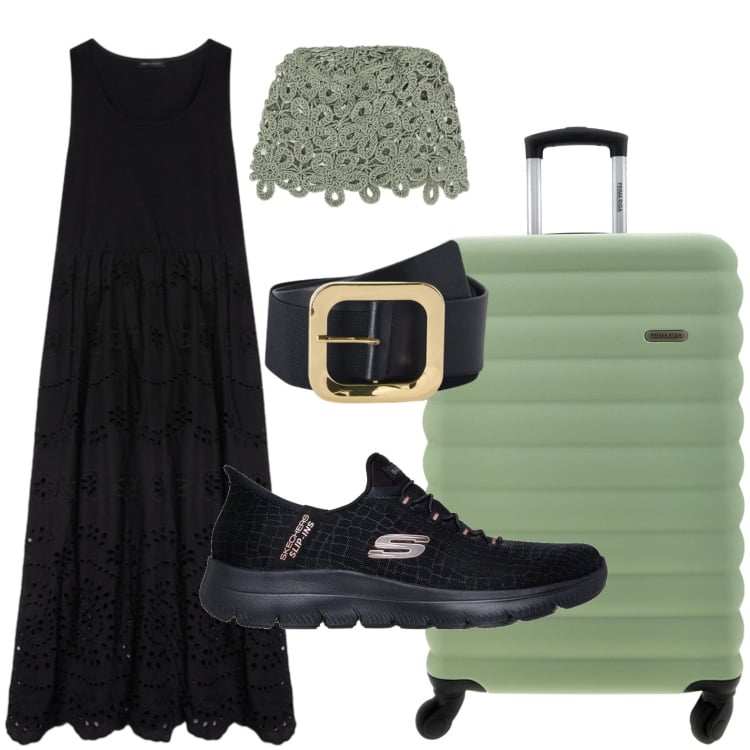 Outfit donna - Partenza in lungo. Stile Casual per Tutti i giorni. Abbinamento con accessori per capelli, vestiti lunghi, cinture, valigie, sneakers.