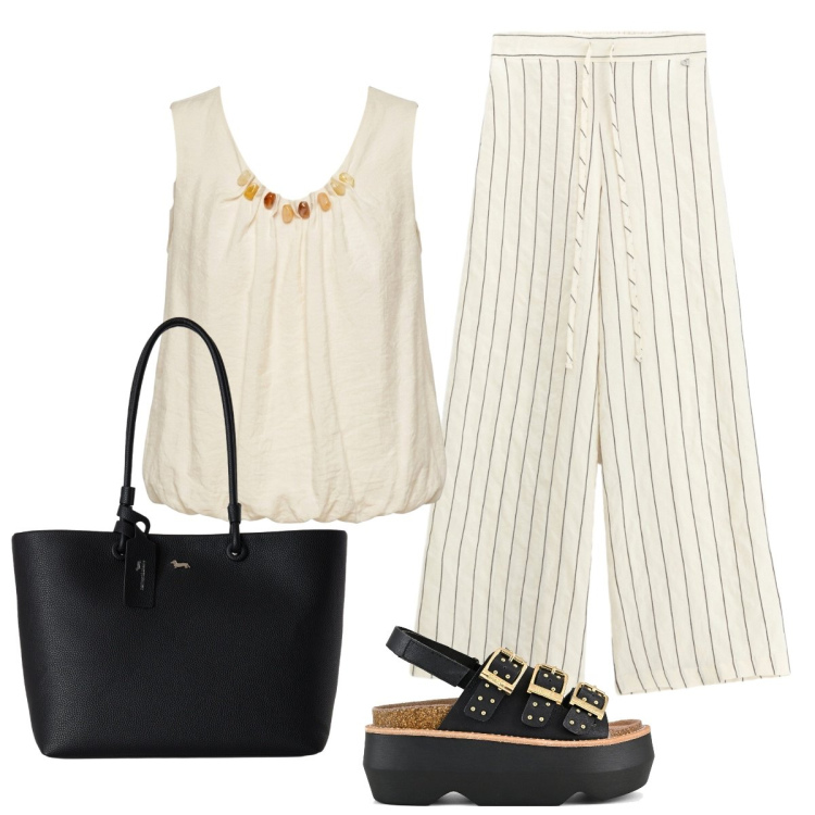 Outfit donna - Il gessato sempre di moda. Stile Glamour per Tutti i giorni. Abbinamento con shopping bag, pantaloni a palazzo, top, sandali col tacco.