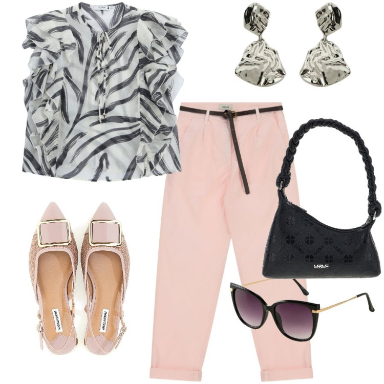 Outfit donna - Happy hour. Stile Casual chic per Tutti i giorni. Abbinamento con occhiali da sole, pantaloni, orecchini, bluse, sandali, borse a spalla.