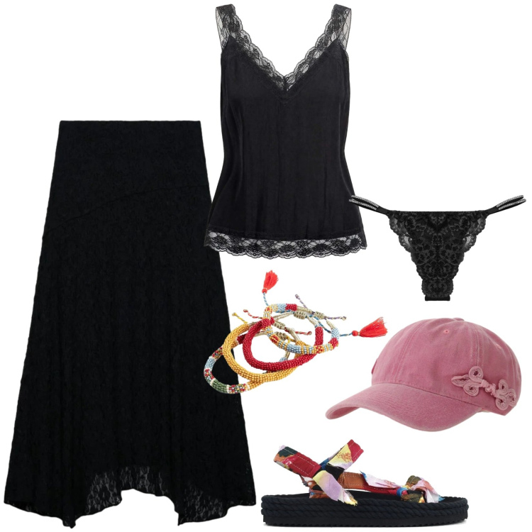 Outfit donna - Total look #2451300. Stile Boho per Tutti i giorni. Abbinamento con braccialetti, cappelli con visiera, perizomi, gonne lunghe, canottiere, sandali.