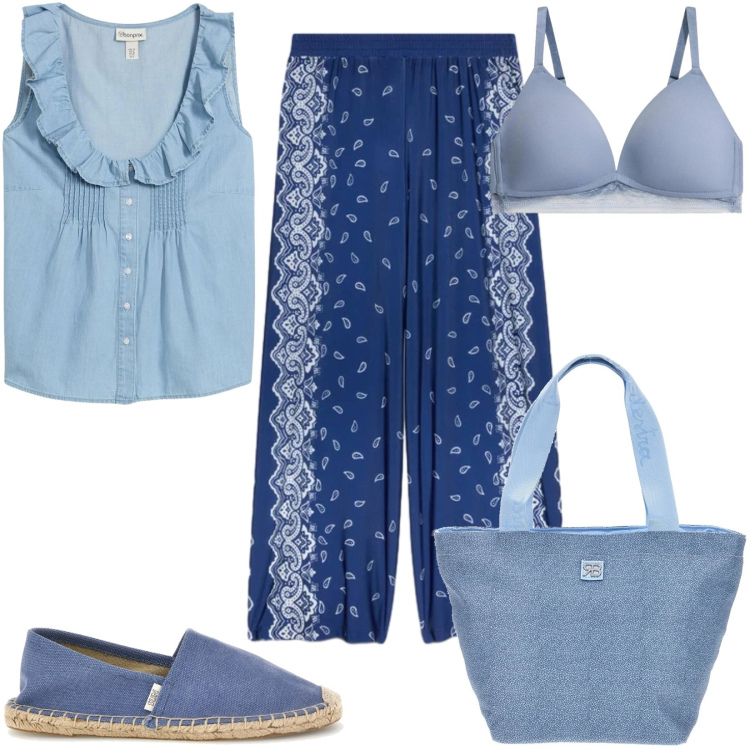 Outfit donna - Total look #2451306. Stile Casual per Tutti i giorni. Abbinamento con top, reggiseni, pantaloni a palazzo, shopping bag, espadrillas.