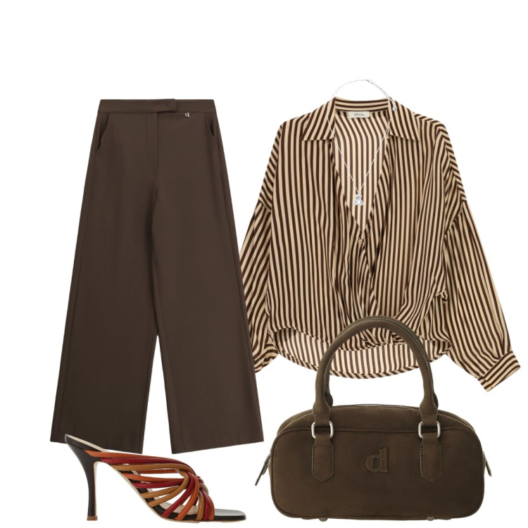 Outfit donna - Eleganza fluida. Stile Chic per Tutti i giorni. Abbinamento con borse a mano, sandali col tacco, camicie, pantaloni a palazzo, ciondoli.