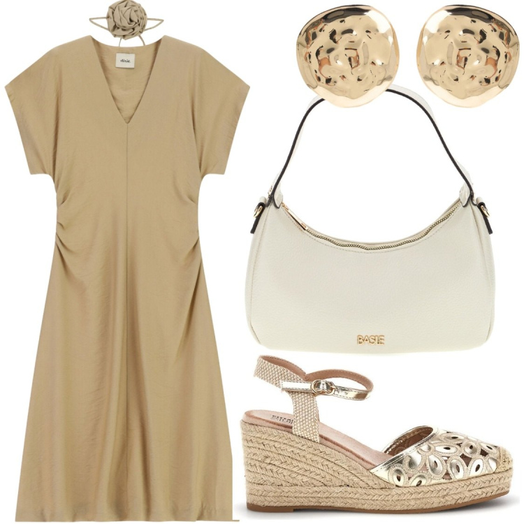Outfit donna - Chic e comoda. Stile Chic per Serata fuori. Abbinamento con orecchini, vestiti lunghi, zeppe, borse a tracolla.