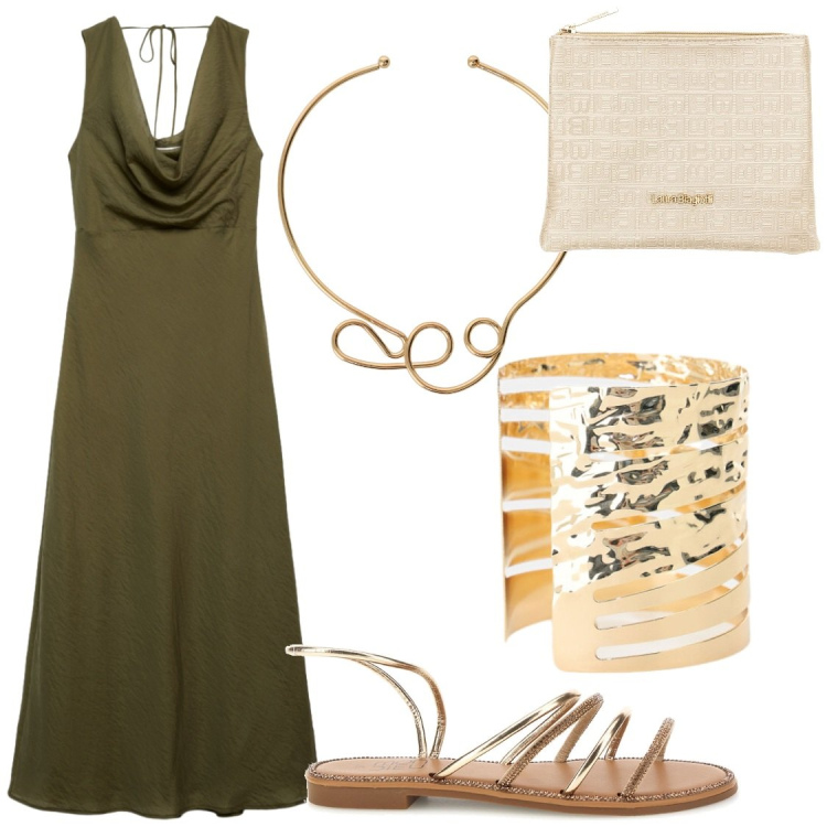 Outfit donna - Il verde con oro. Stile Chic per Serata fuori. Abbinamento con vestiti lunghi, collane, braccialetti, pochette, sandali.