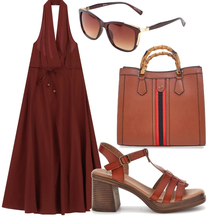 Outfit donna - Apericena?. Stile Chic per Serata fuori. Abbinamento con occhiali da sole, vestiti lunghi, borse a tracolla, sandali col tacco.