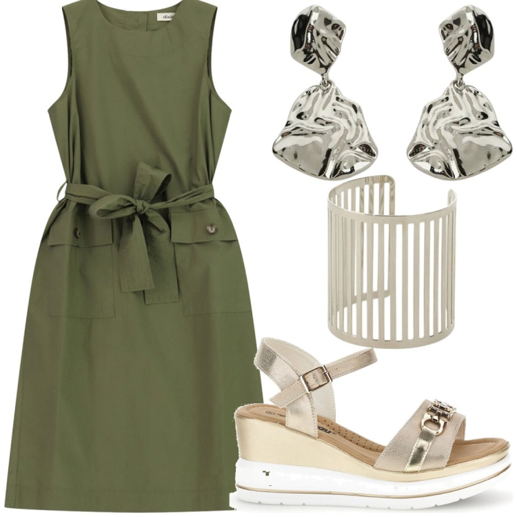 Outfit donna - Per ufficio o uscita. Stile Chic per Ufficio. Abbinamento con braccialetti, orecchini, vestiti midi/longuette, zeppe.