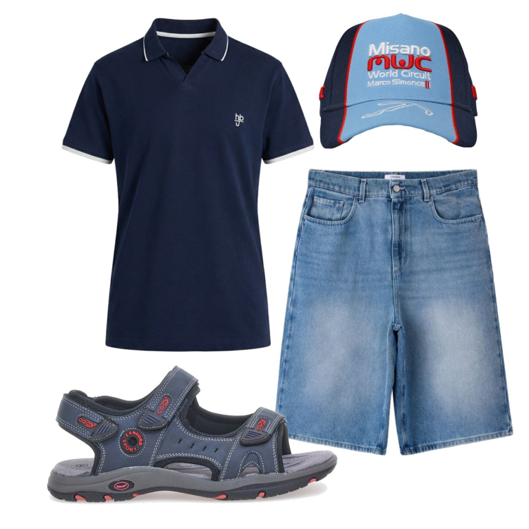 Outfit uomo - Total look #2451330. Stile Casual per Tutti i giorni. Abbinamento con polo, cappelli, pantaloni corti, sandali.