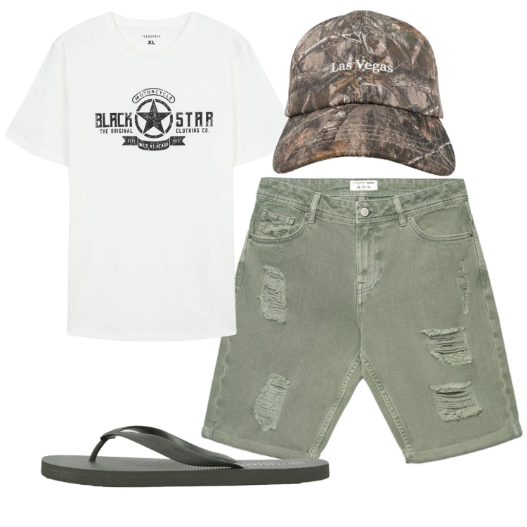 Outfit uomo - Total look #2451332. Stile Casual per Tutti i giorni. Abbinamento con t-shirt, cappelli con visiera, bermuda, sandali.