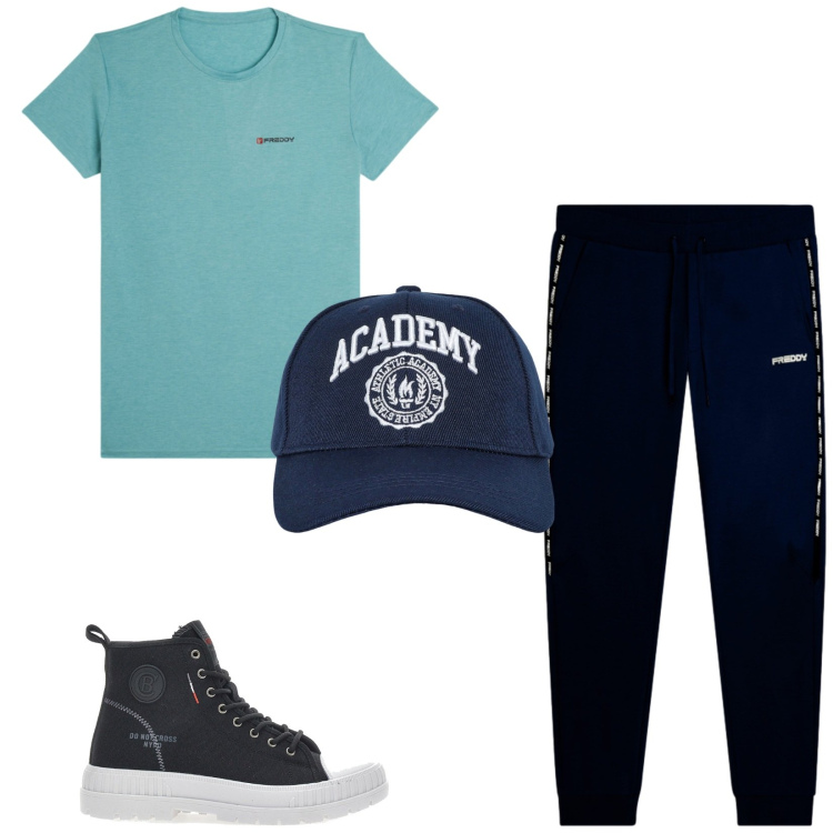 Outfit uomo - Total look #2451338. Stile Urban per Sport. Abbinamento con cappelli con visiera, t-shirt, pantaloni, sneakers.