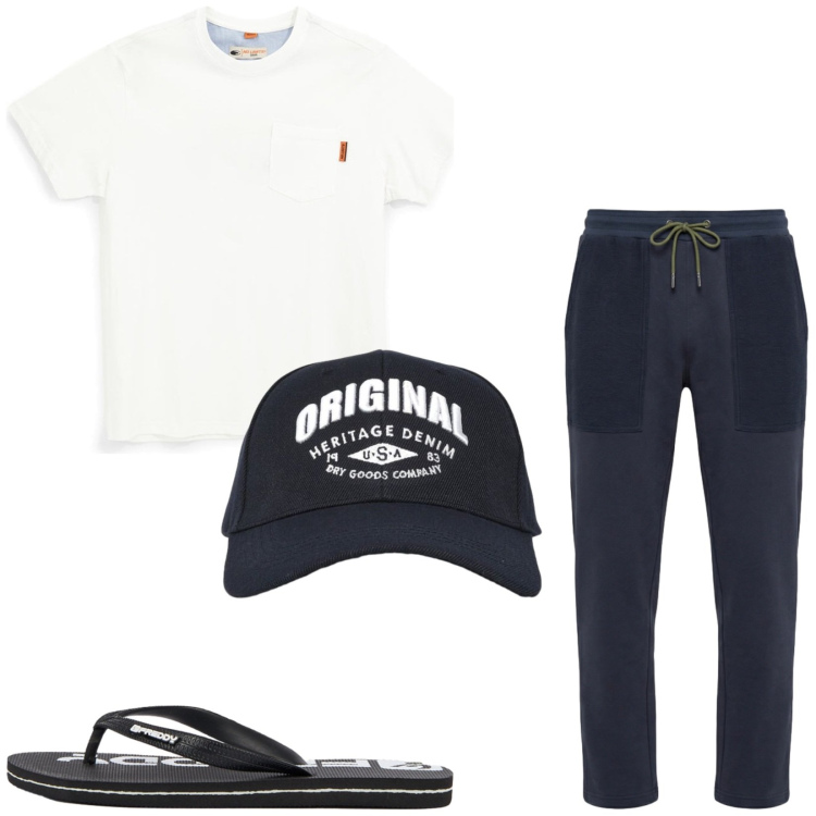 Outfit uomo - Total look #2451340. Stile Casual per Tutti i giorni. Abbinamento con pantaloni, cappelli con visiera, sandali, t-shirt.