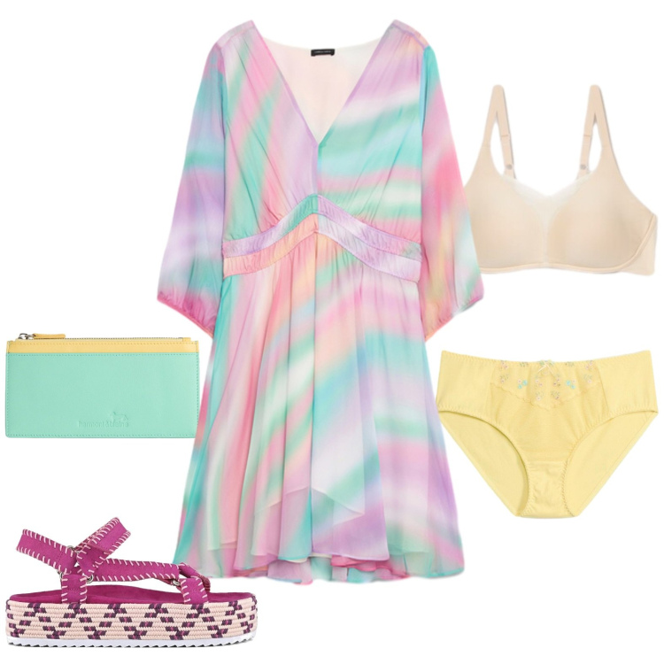 Outfit donna - I colori dell\'arcobaleno. Stile Casual per Tutti i giorni. Abbinamento con culotte, portafogli, vestiti corti, reggiseni, sandali.