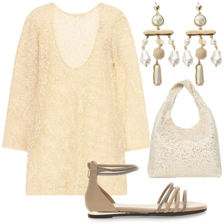 Outfit donna - Abito traforato con paillettes. Stile Chic per Serata fuori. Abbinamento con borse a spalla, vestiti corti, orecchini, sandali.