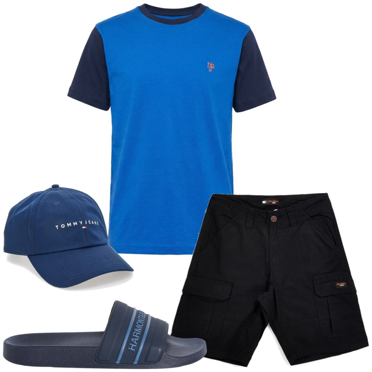 Outfit uomo - Total look #2451352. Stile Casual per Sport. Abbinamento con sandali, t-shirt, cappelli con visiera, bermuda.
