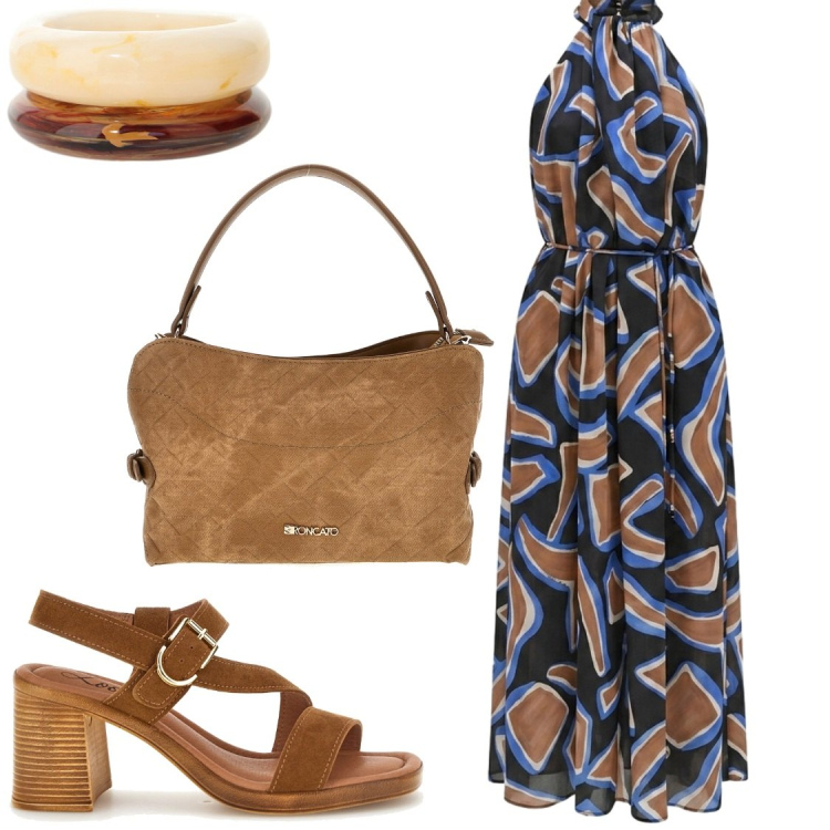 Outfit donna - Blu e color cuoio. Stile Chic per Serata fuori. Abbinamento con braccialetti, vestiti lunghi, sandali col tacco, borse a tracolla.