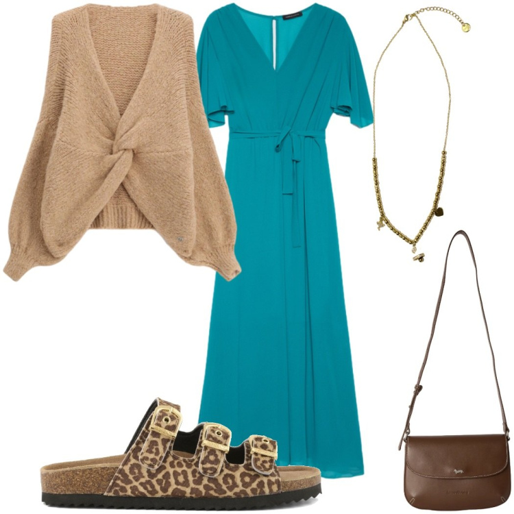 Outfit donna - Total look #2451355. Stile Trendy per Tutti i giorni. Abbinamento con cardigans, borse a tracolla, vestiti lunghi, ciondoli, ciabatte.