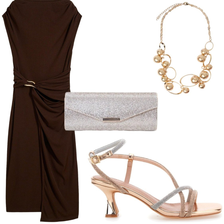 Outfit donna - Low cost per eventi. Stile Chic per Serata fuori. Abbinamento con vestiti midi/longuette, clutch, collane, sandali col tacco.