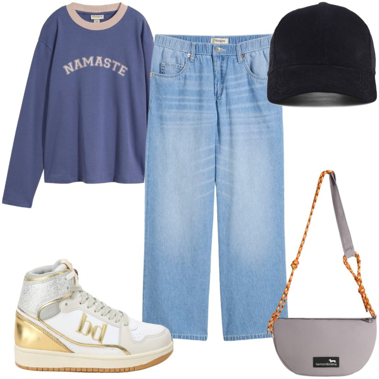 Outfit donna - Total look #2451357. Stile Urban per Tutti i giorni. Abbinamento con jeans dritti, t-shirt, borse a tracolla, sneakers alte, cappelli con visiera.