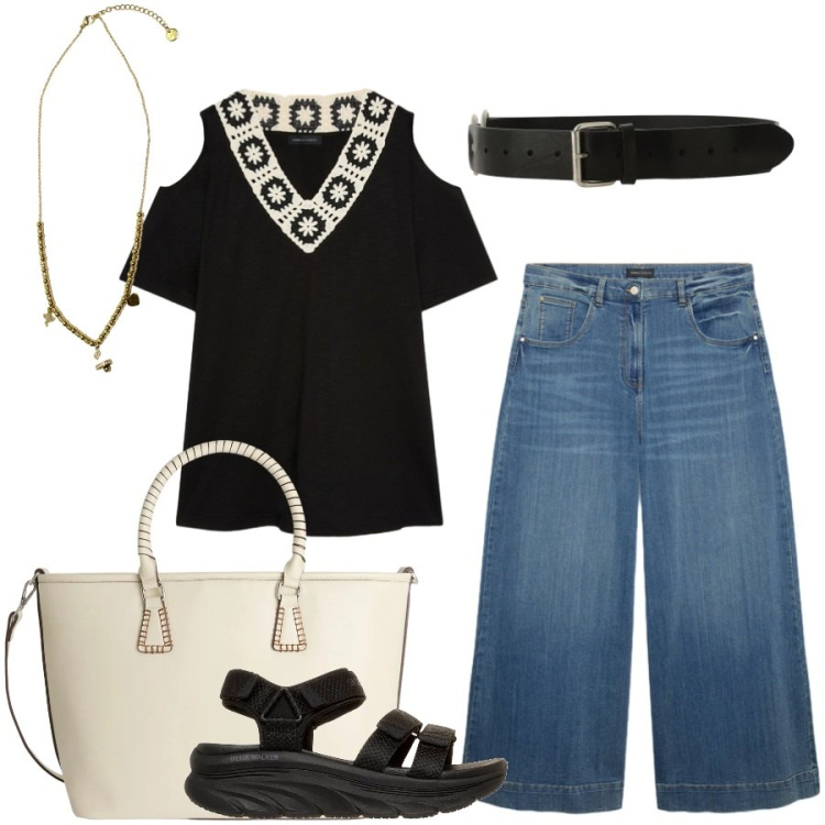 Outfit donna - Total look #2451359. Stile Casual chic per Tutti i giorni. Abbinamento con shopping bag, cinture, t-shirt, jeans, ciondoli, sandali.