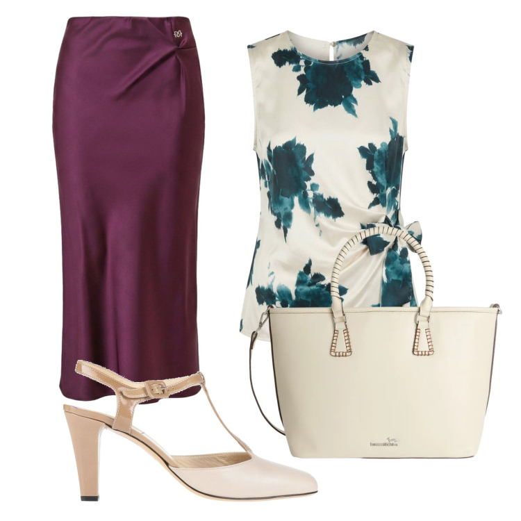 Outfit donna - Gonna setosa. Stile Bon Ton per Serata fuori. Abbinamento con décolleté, shopping bag, gonne longuette, top.