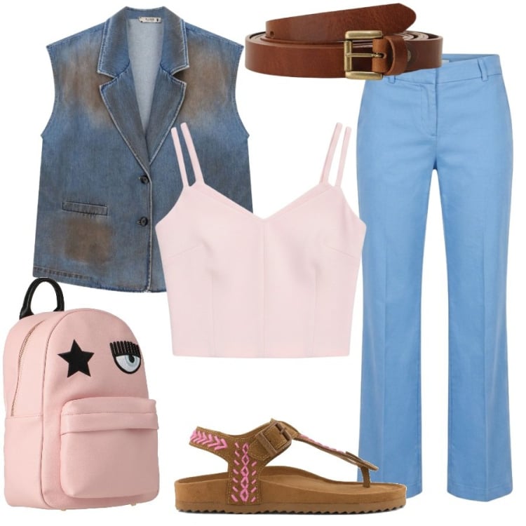 Outfit donna - Total look #2451362. Stile Casual chic per Tutti i giorni. Abbinamento con zaini, gilet, pantaloni, cinture, top, infradito.