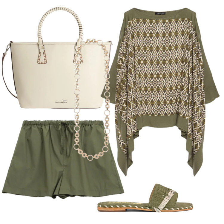 Outfit donna - Blusa d\'agosto. Stile Bon Ton per Tutti i giorni. Abbinamento con shopping bag, cinture, shorts, bluse, ciabatte.
