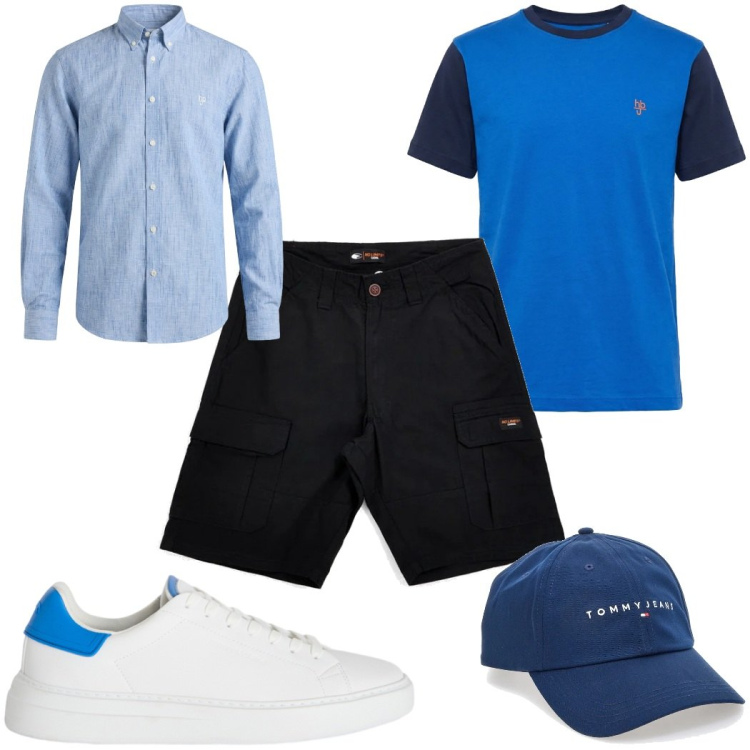 Outfit uomo - Total look #2451367. Stile Trendy per Tutti i giorni. Abbinamento con sneakers, t-shirt, camicie, cappelli con visiera, bermuda.