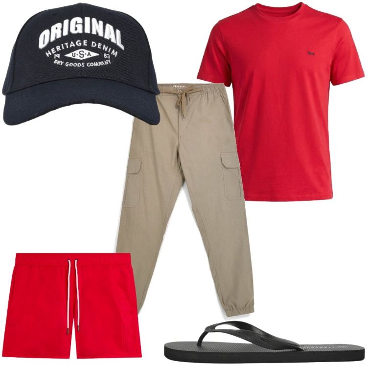 Outfit uomo - Total look #2451368. Stile Trendy per Mare. Abbinamento con t-shirt, cappelli con visiera, sandali, costumi, pantaloni cargo.