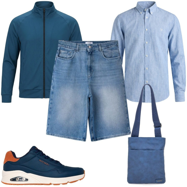 Outfit uomo - Total look #2451371. Stile Casual per Tutti i giorni. Abbinamento con camicie, pantaloni corti, portafogli, sneakers, felpe.