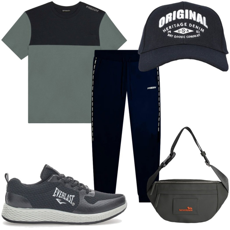 Outfit uomo - Total look #2451373. Stile Casual per Sport. Abbinamento con borse sportive, cappelli con visiera, pantaloni, t-shirt, sneakers.