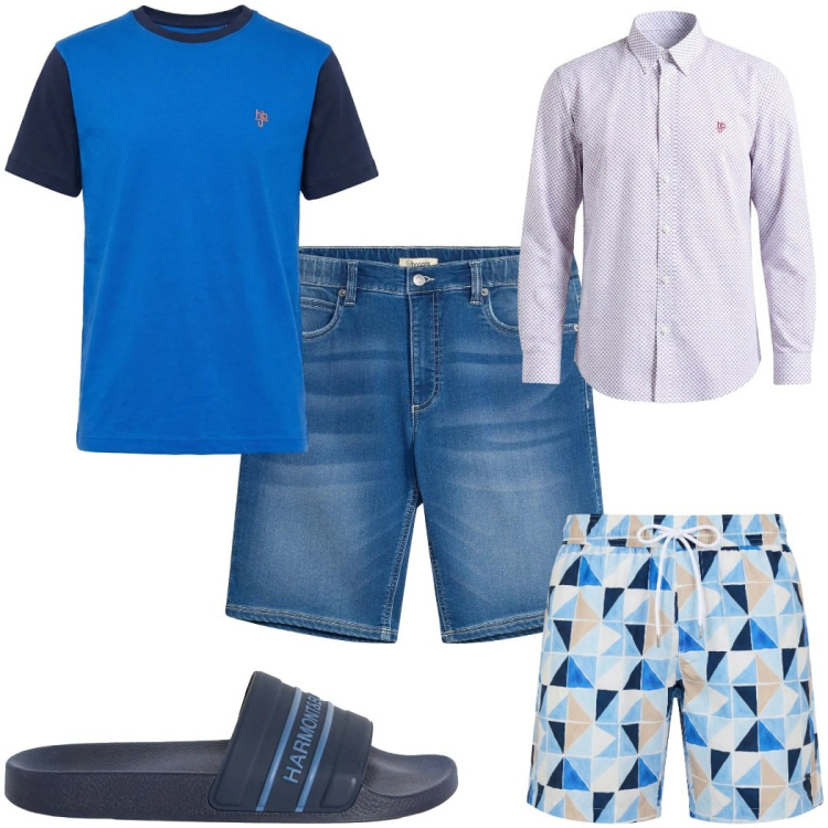 Outfit uomo - Total look #2451376. Stile Trendy per Mare. Abbinamento con bermuda, sandali, t-shirt, camicie, costumi.