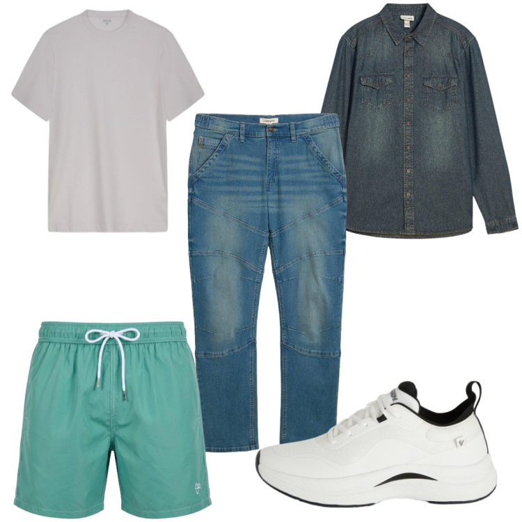 Outfit uomo - Total look #2451377. Stile Trendy per Mare. Abbinamento con camicie, jeans dritti, costumi, t-shirt, sneakers.