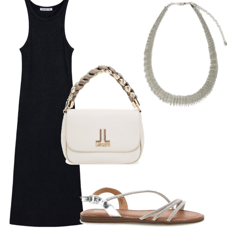 Outfit donna - Abito canotta blu. Stile Chic per Serata fuori. Abbinamento con vestiti lunghi, collane, sandali, borse a tracolla.