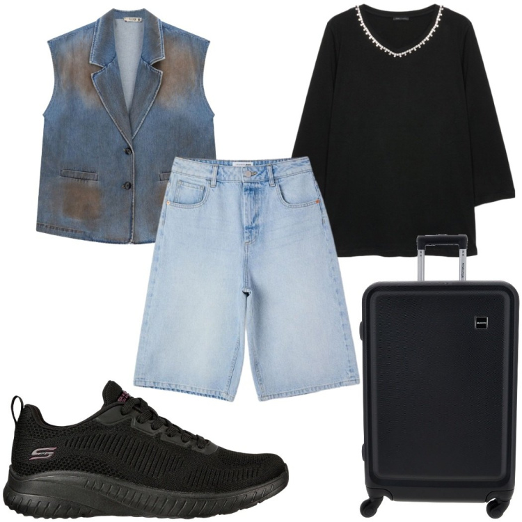 Outfit donna - Total look #2451380. Stile Trendy per Tutti i giorni. Abbinamento con bermuda, gilet, t-shirt, sneakers, valigie.
